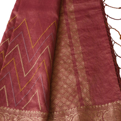 Wine Chevron Digital Print With Zari Work Silk Saree