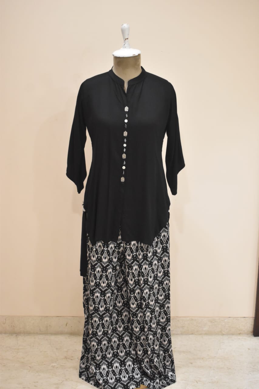 Black Floral Print Cotton Embroidery Co-Ord Set