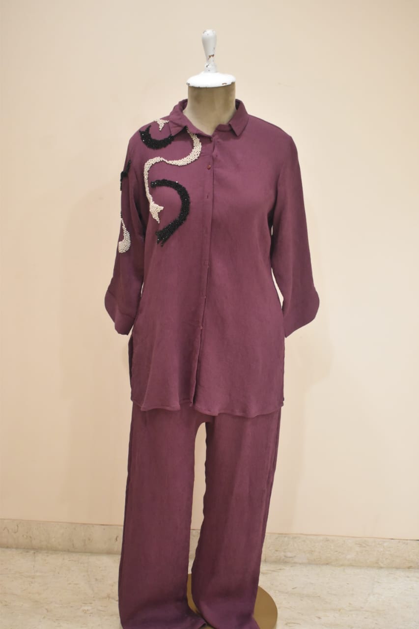 Purple Motifs Cotton Embroidery Co-Ord Set