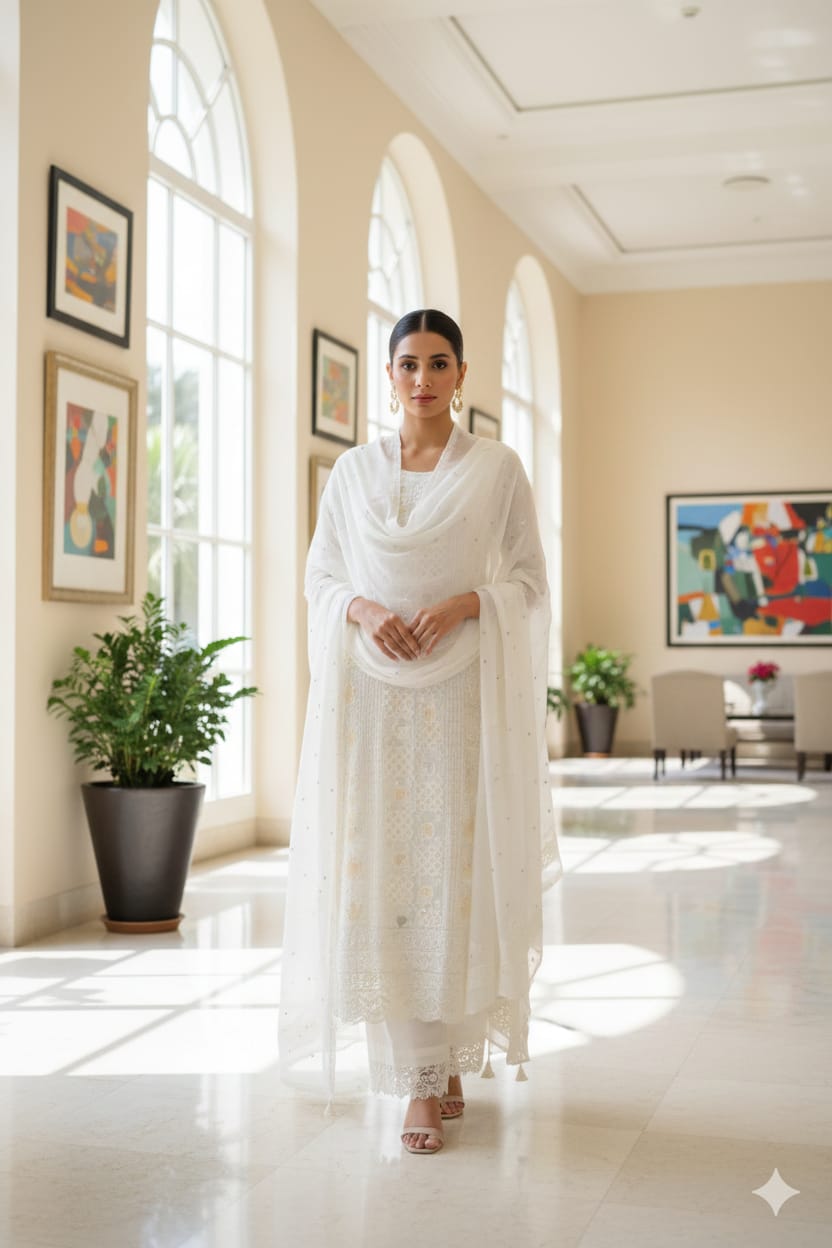 White Motifs Work Unstitched Georgette Suit With Dupatta