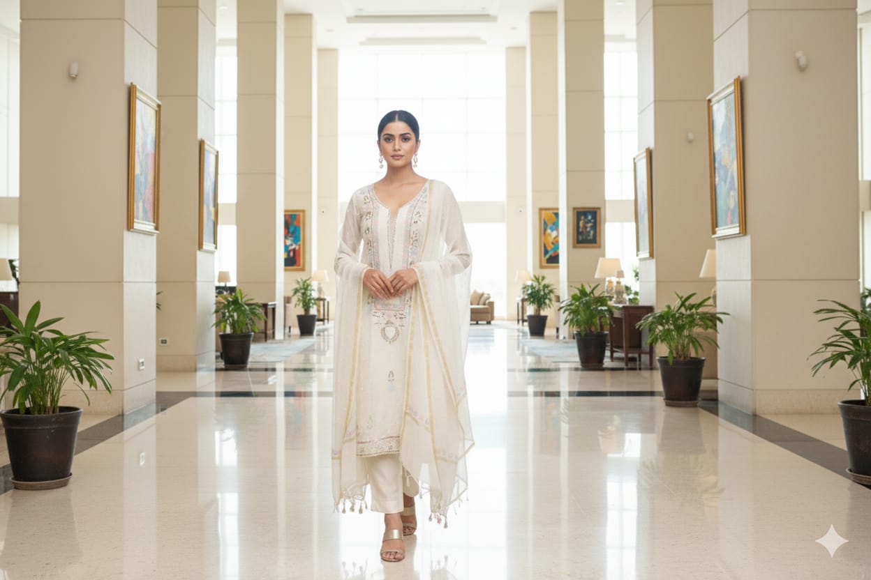 White Motifs Work Unstitched Georgette Suit With Dupatta