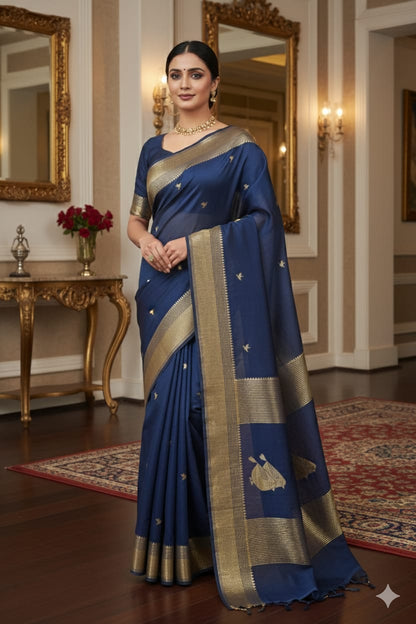 Elegant Navy Blue Saree With Golden Print  Birds