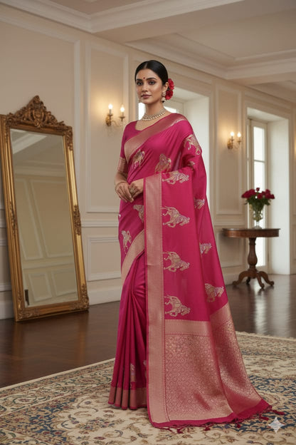 Elegant Magenta Banarsi Silk Saree With Golden Zari & Horse Motifs