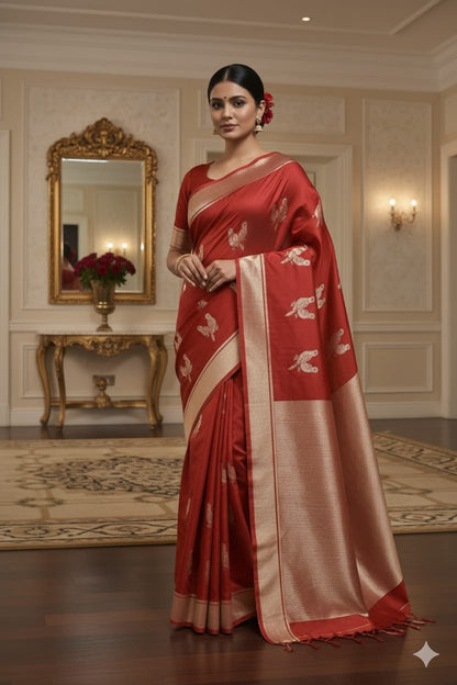 Graceful Red Silk Saree With Golden Bird & Stripe Zari Detailing