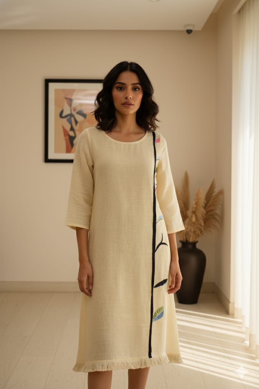 Cream Full Sleeve With Leaf Print Pure Linen Dress