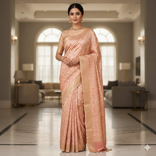 Pink Leaf Print Banarasi Silk Saree