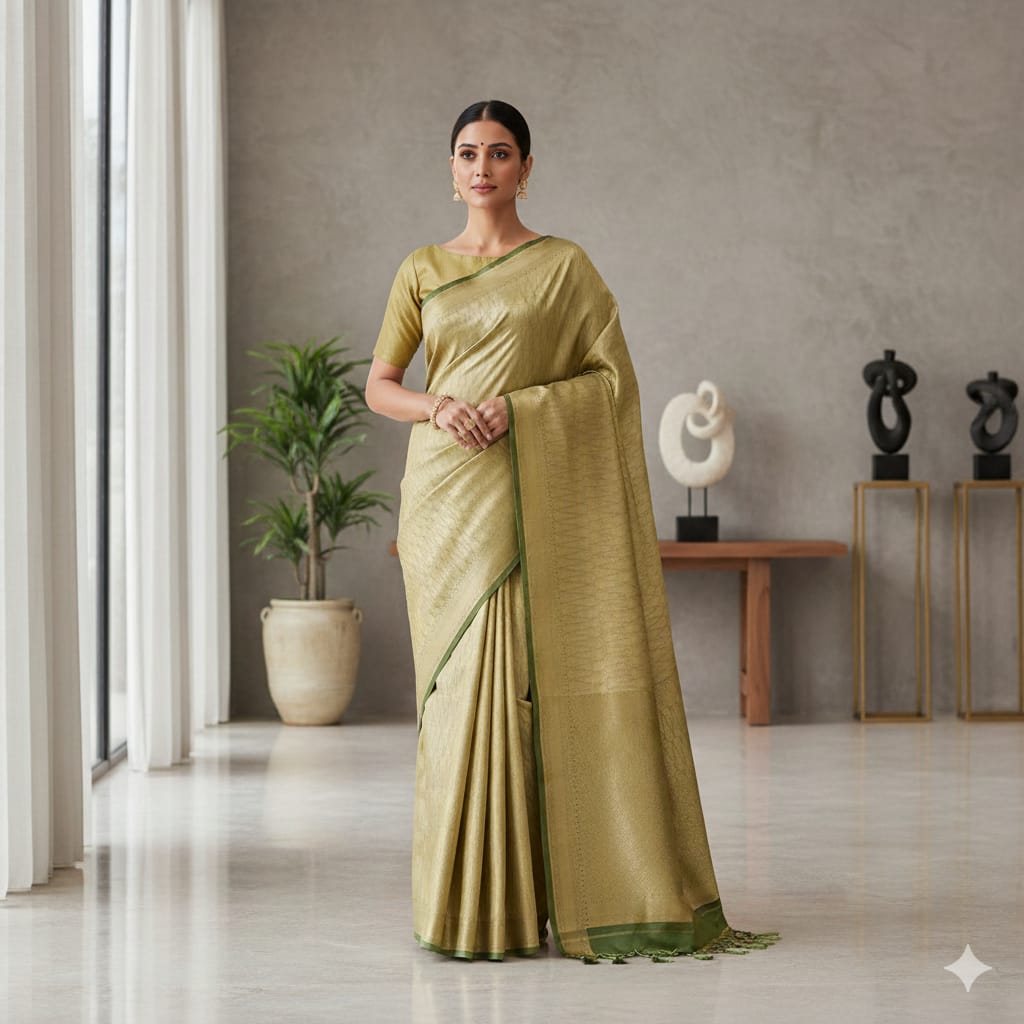 Pista Green Golden Banarasi Saree With Chevron Zari Work