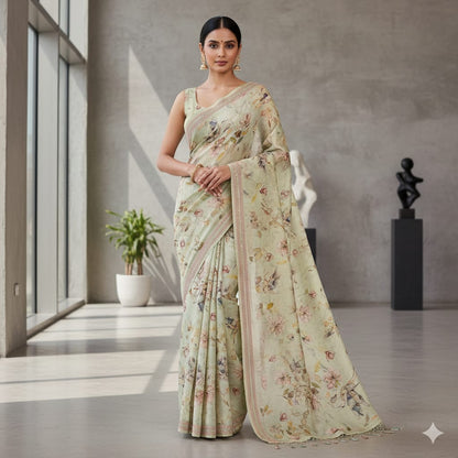 Beige Digital Floral Print With Embroidery Organza Saree