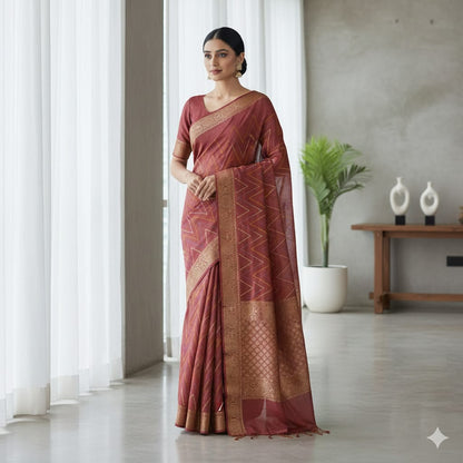 Wine Chevron Digital Print With Zari Work Silk Saree