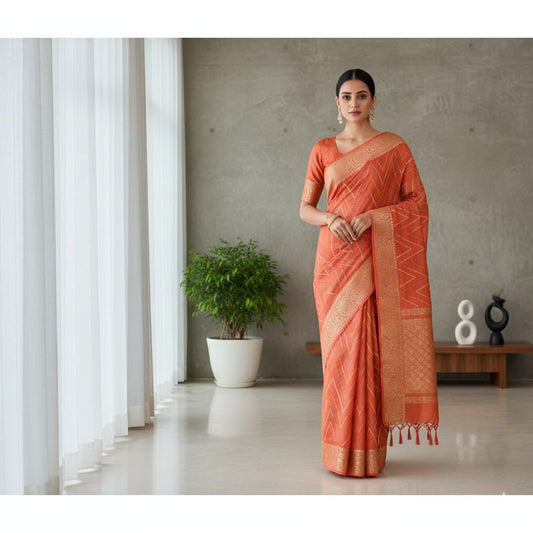 Red Chevron Digital Print With Zari Work Silk Saree