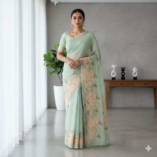 Baby Blue Floral Applique Organza Saree