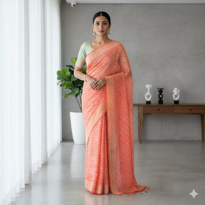 Redish Chevron Digital Print Kota Doria Cotton Saree