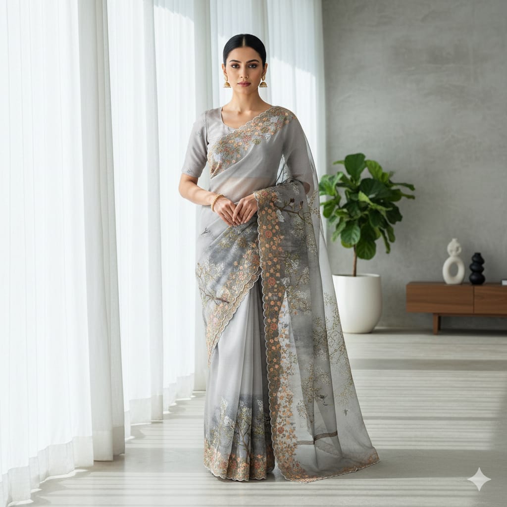 Gray Floral Digital Print Embroidery Silk Organza Saree