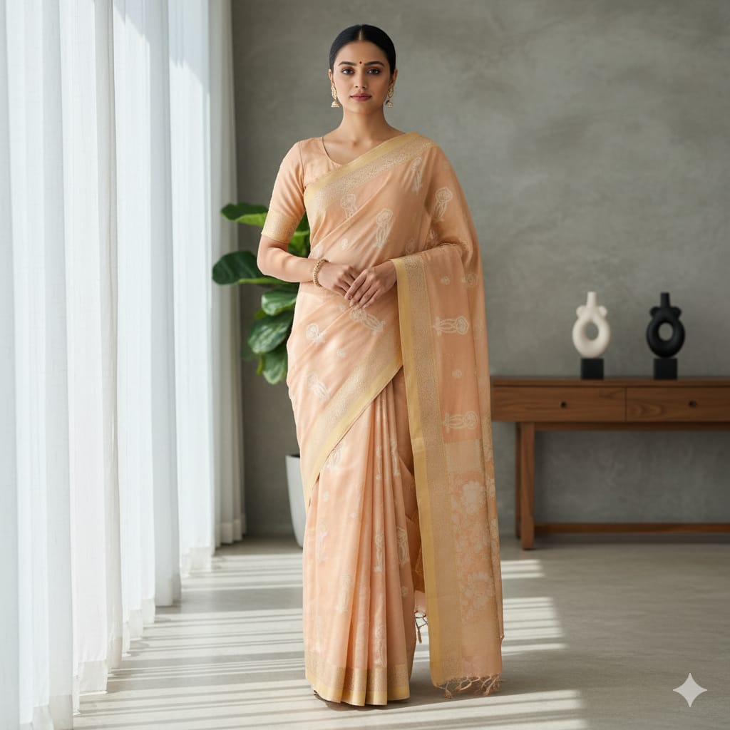 Dark Beige Jacquard Banarasi Cotton Saree