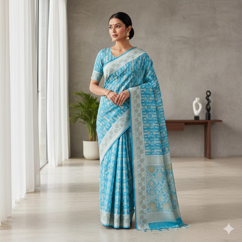 Sky Blue Floral Digital Print Banarasi Kota Doria Cotton Saree