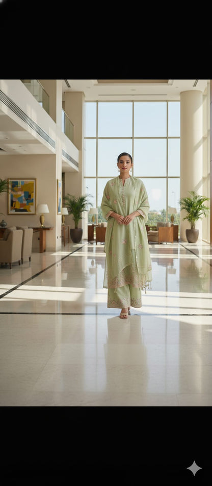 Mehandi Green Color With Embroidery Unstitched Kota Doria Suit