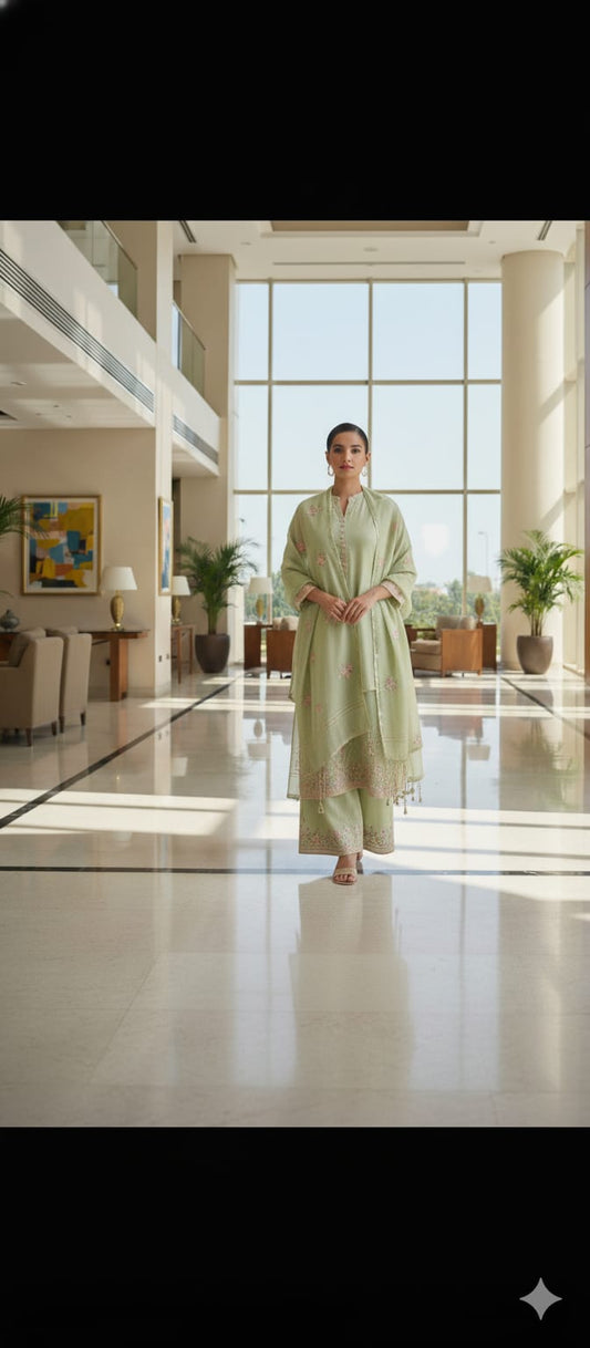 Mehandi Green Color With Embroidery Unstitched Kota Doria Suit