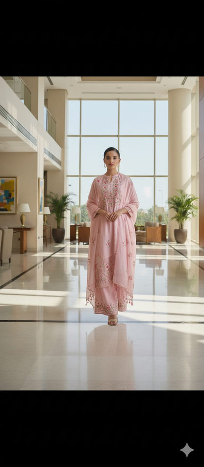 Purple Color Hand Embroidery Unstitched Organza Suit