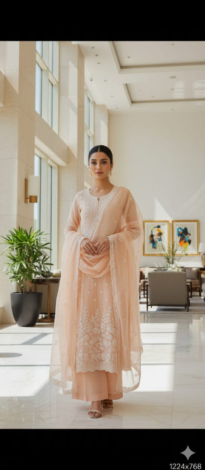 Peach Organza Unstitched Embroidery Suit With Dupatta