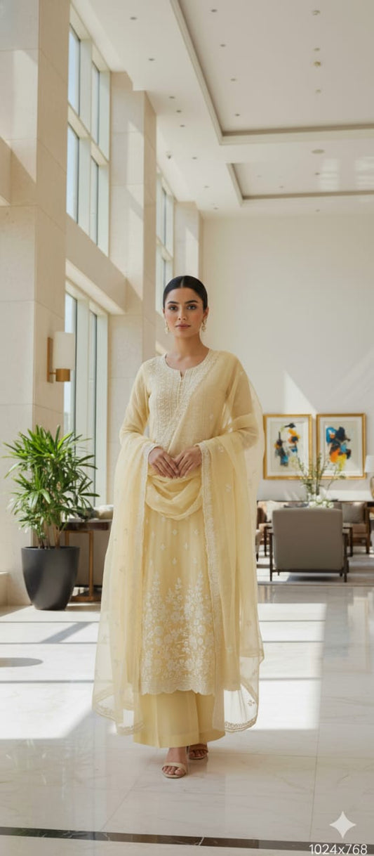 Lemon Yellow Organza Unstitched Suit With Dupatta