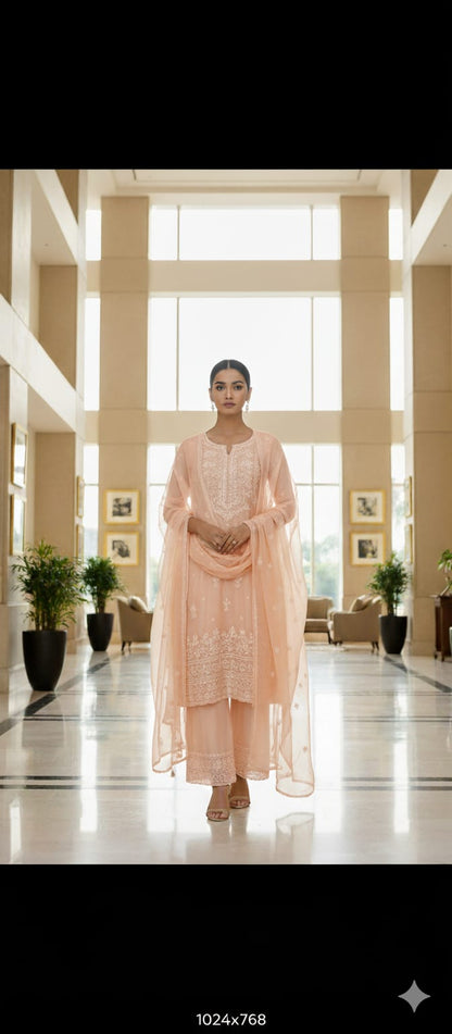 Peach Organza Unstitched Suit With Dupatta
