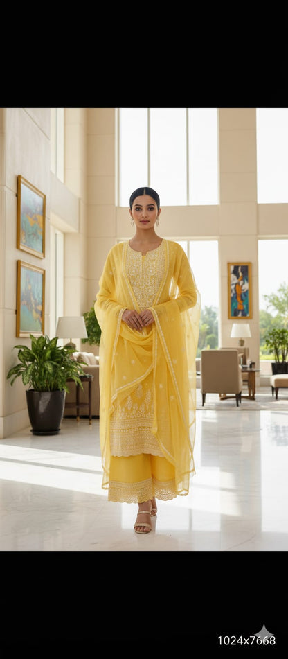 Yellow Organza Unstitched Suit With Dupatta
