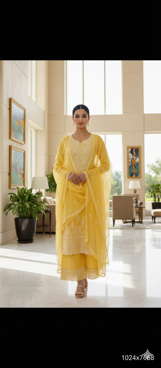 Yellow Organza Unstitched Suit With Dupatta