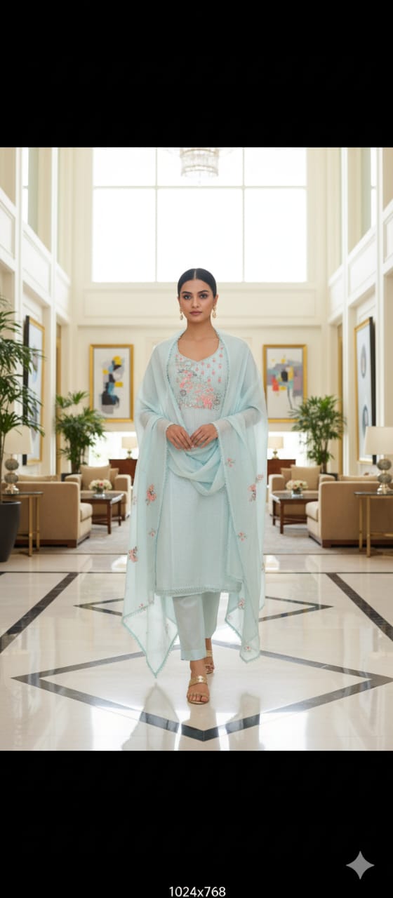 Baby Blue Kota Doria Chikankari With Embroidery Unstitched Suit