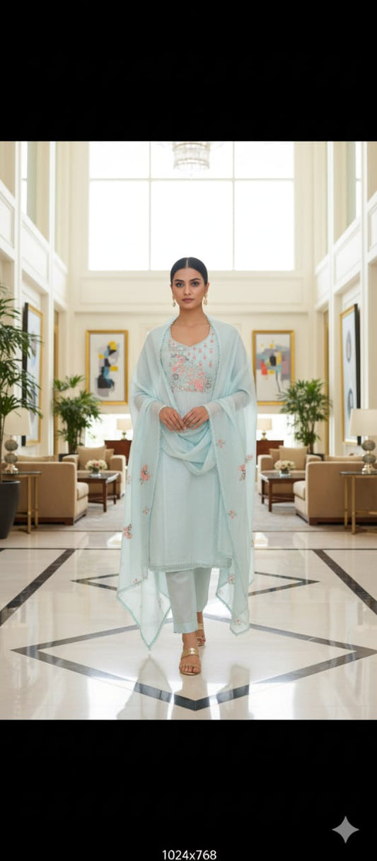 Baby Blue Kota Doria Chikankari With Embroidery Unstitched Suit
