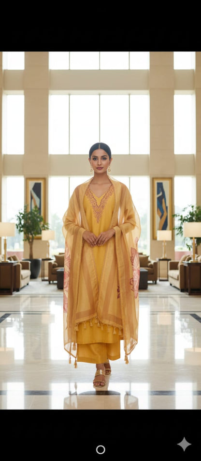 Mustard Chanderi Hand Embroidery Unstitched Suit With Digital Print Dupatta