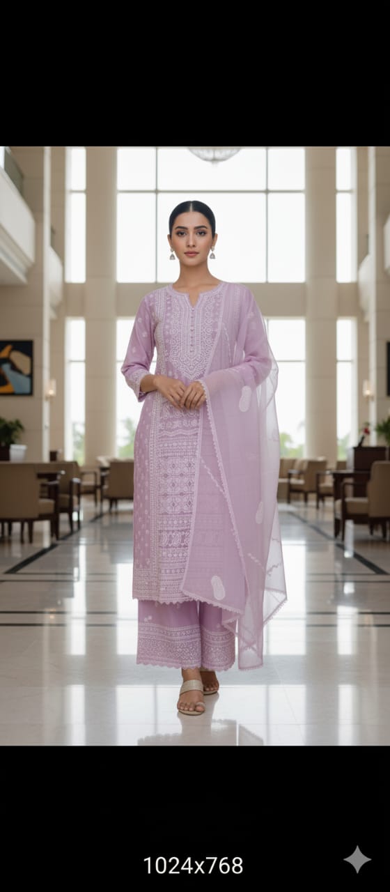 Lavender Kota Chikankari Unstitched Suit With Dupatta