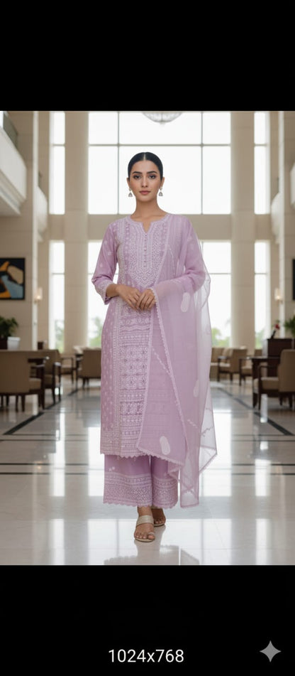Lavender Kota Chikankari Unstitched Suit With Dupatta