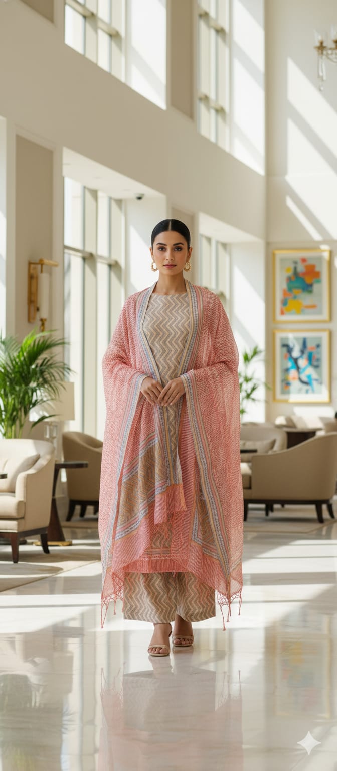 Gray Khadi Cotton Unstitched Suit Chevron Print With Dupatta