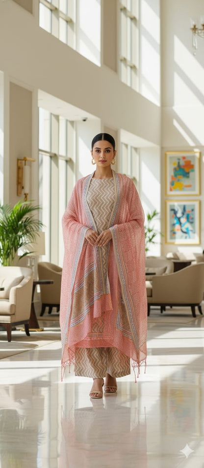 Gray Khadi Cotton Unstitched Suit Chevron Print With Dupatta