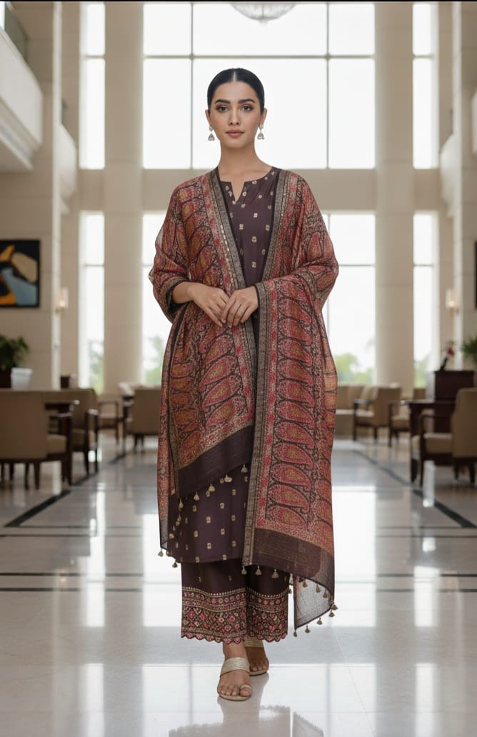 Chocolate Brown Silk Linen Unstitched Suit with Dupatta