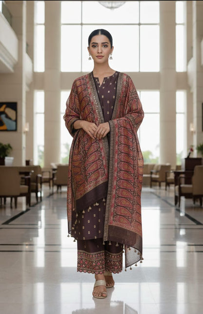 Chocolate Brown Silk Linen Unstitched Suit with Dupatta