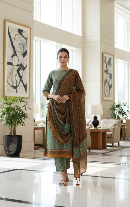 Dark Green Chanderi Unstitched Suit With Dupatta
