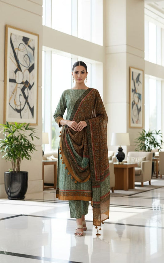 Dark Green Chanderi Unstitched Suit With Dupatta