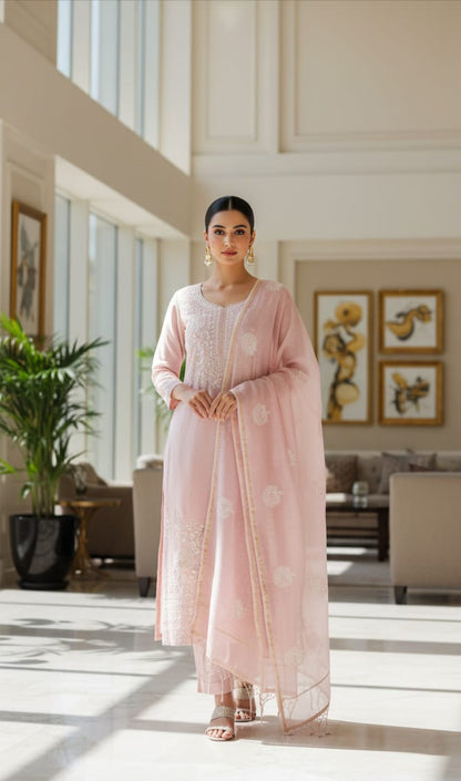 Peach Mul Cotton Unstitched Suit Embroidery With Dupatta