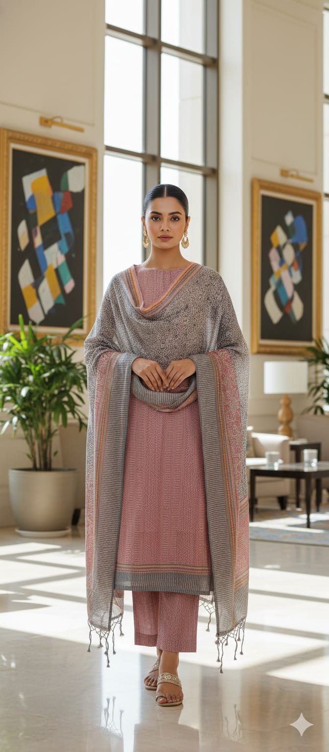 Pink & Blue Mul Cotton Unstitched Suit With Digital Printed Dupatta