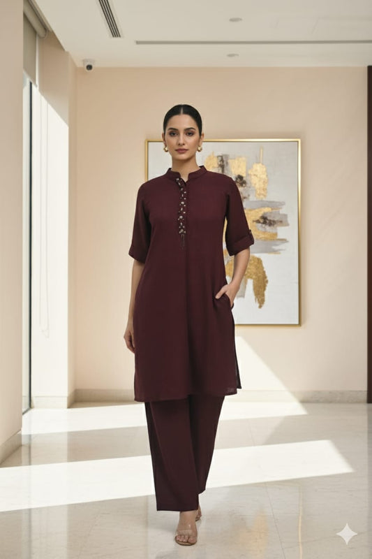 Berry Plum  Cotton Embroidery Co-Ord Set