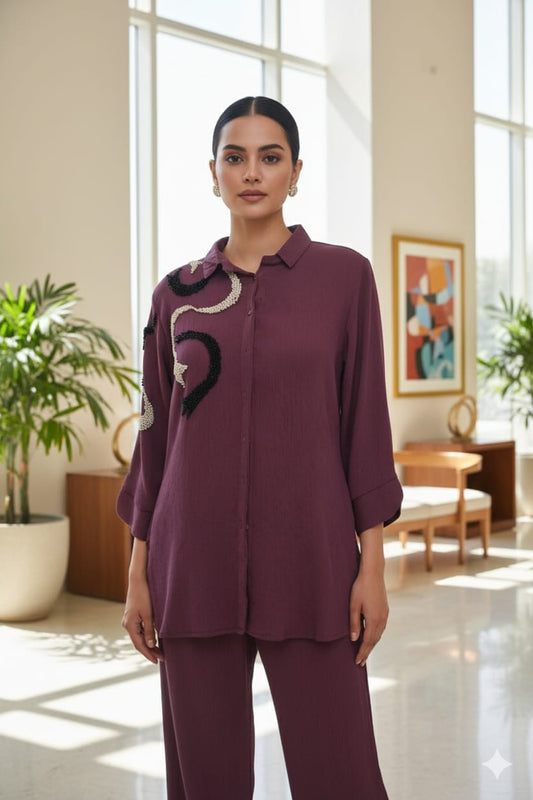 Purple Motifs Cotton Embroidery Co-Ord Set