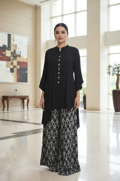 Black Floral Print Cotton Embroidery Co-Ord Set