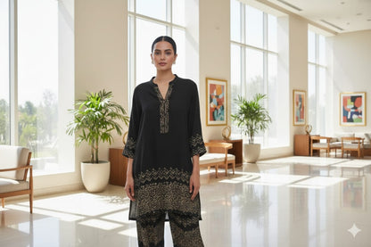 Black Geometric Pattern Cotton Embroidery Co-Ord Set