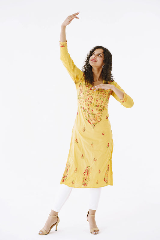 yellow organza suit with colorful embroidery