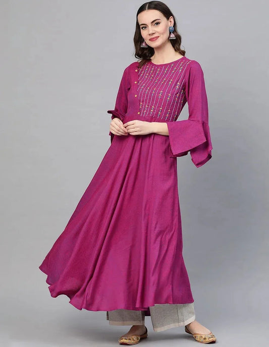 Magenta Flared Linen Kurta Set
