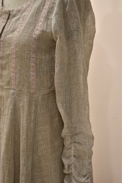 Beige Full Sleeve With Thread Embroidery Pure Linen Dress