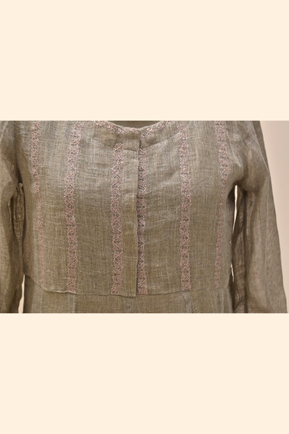 Beige Full Sleeve With Thread Embroidery Pure Linen Dress