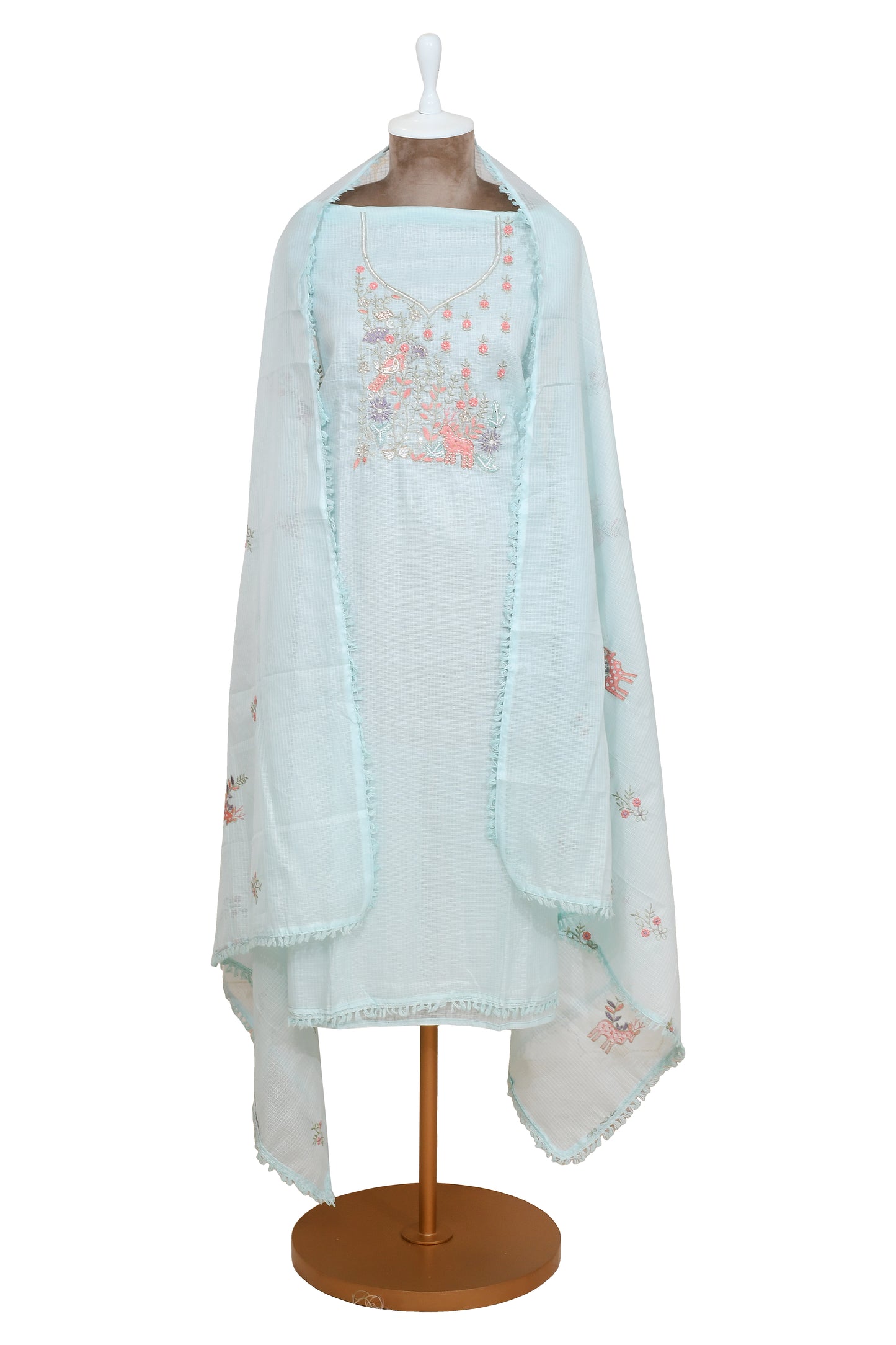 Baby Blue Kota Doria Chikankari With Embroidery Unstitched Suit