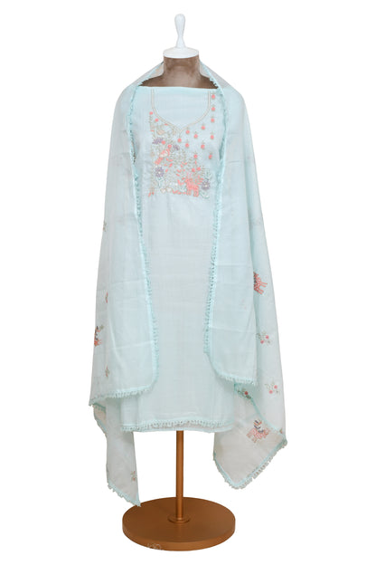 Baby Blue Kota Doria Chikankari With Embroidery Unstitched Suit